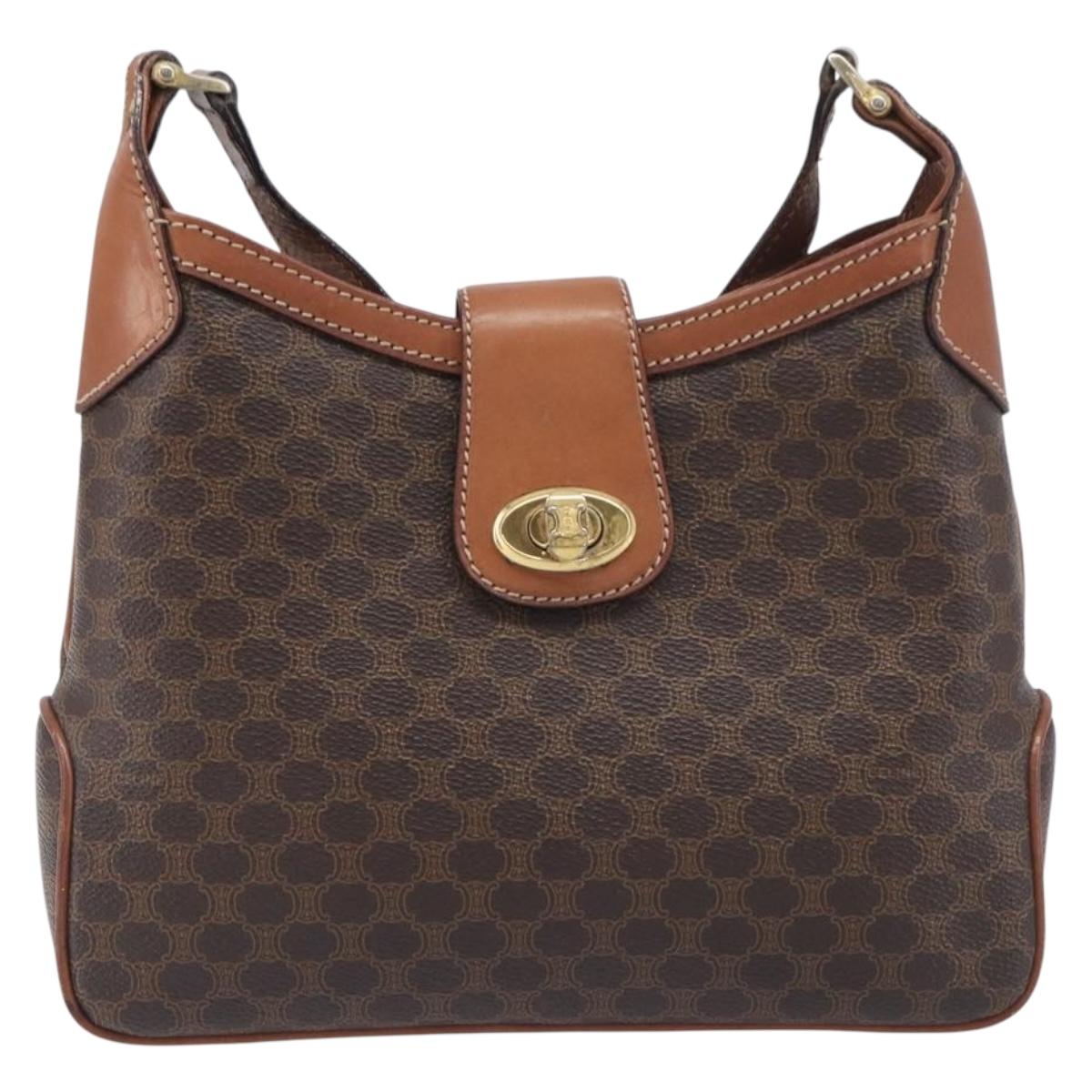 CELINE Macadam Shoulder Bag PVC Leather Brown Gold Tone Auth 200132