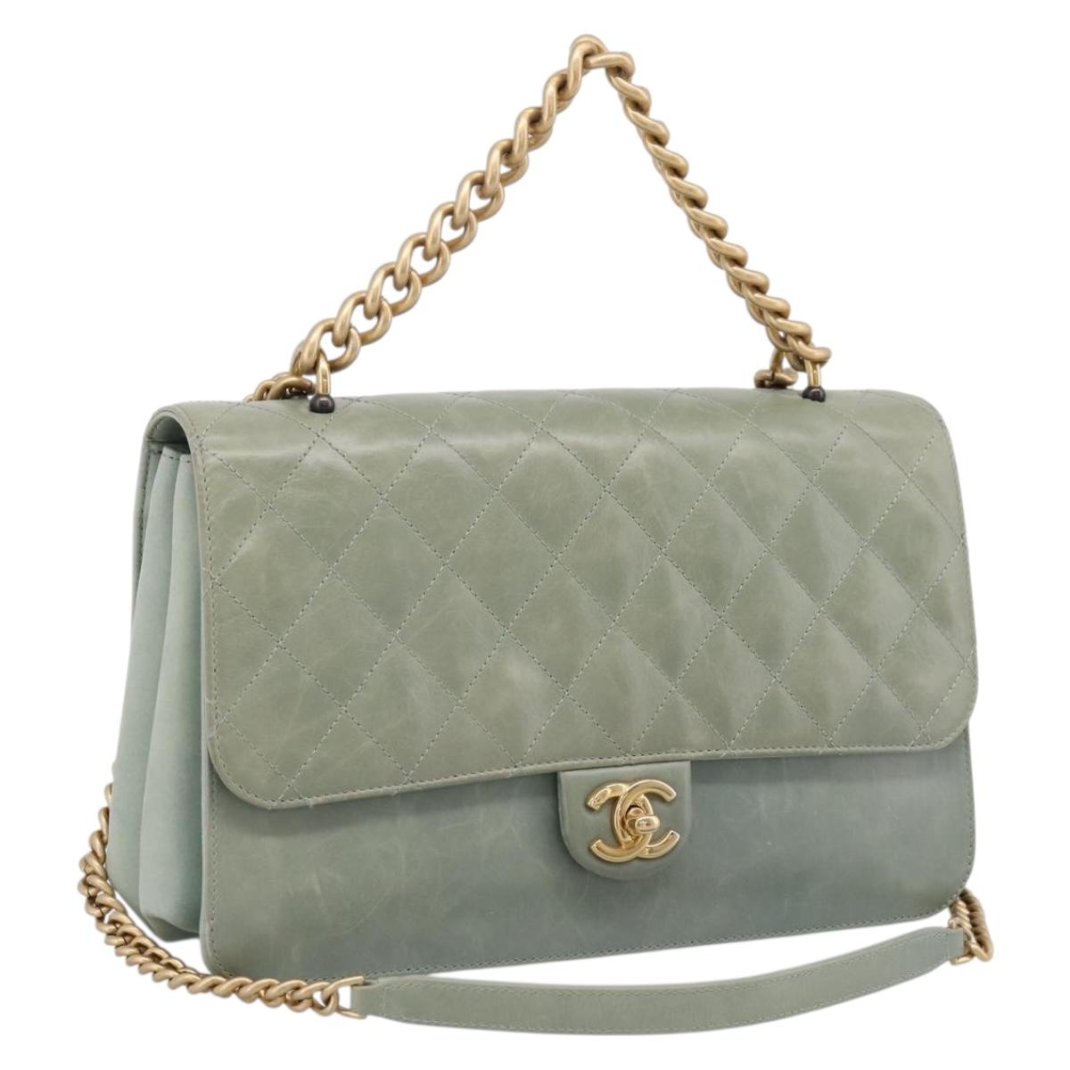 CHANEL Matelasse Chain Shoulder Bag Leather 2way Green Gold CC Auth 200135SAM