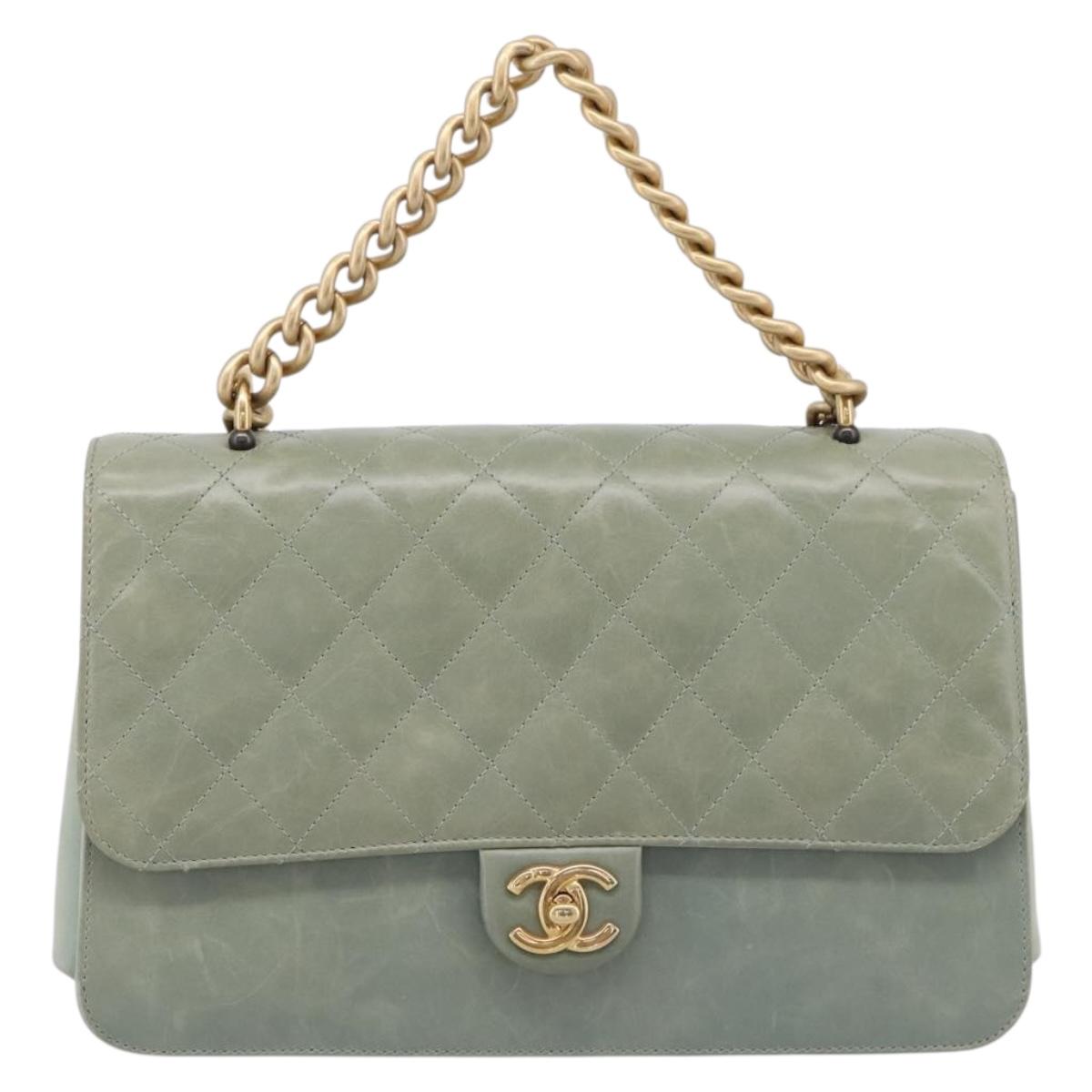 CHANEL Matelasse Chain Shoulder Bag Leather 2way Green Gold CC Auth 200135SAM