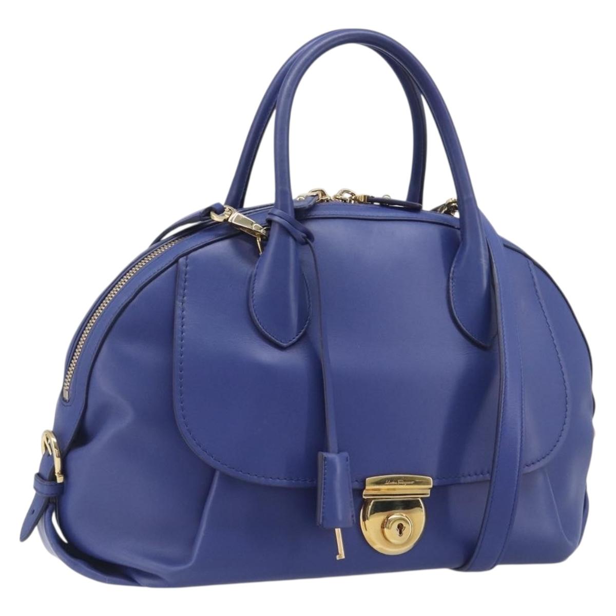 Salvatore Ferragamo Hand Bag Leather 2way Blue Gold Tone Auth 200138A