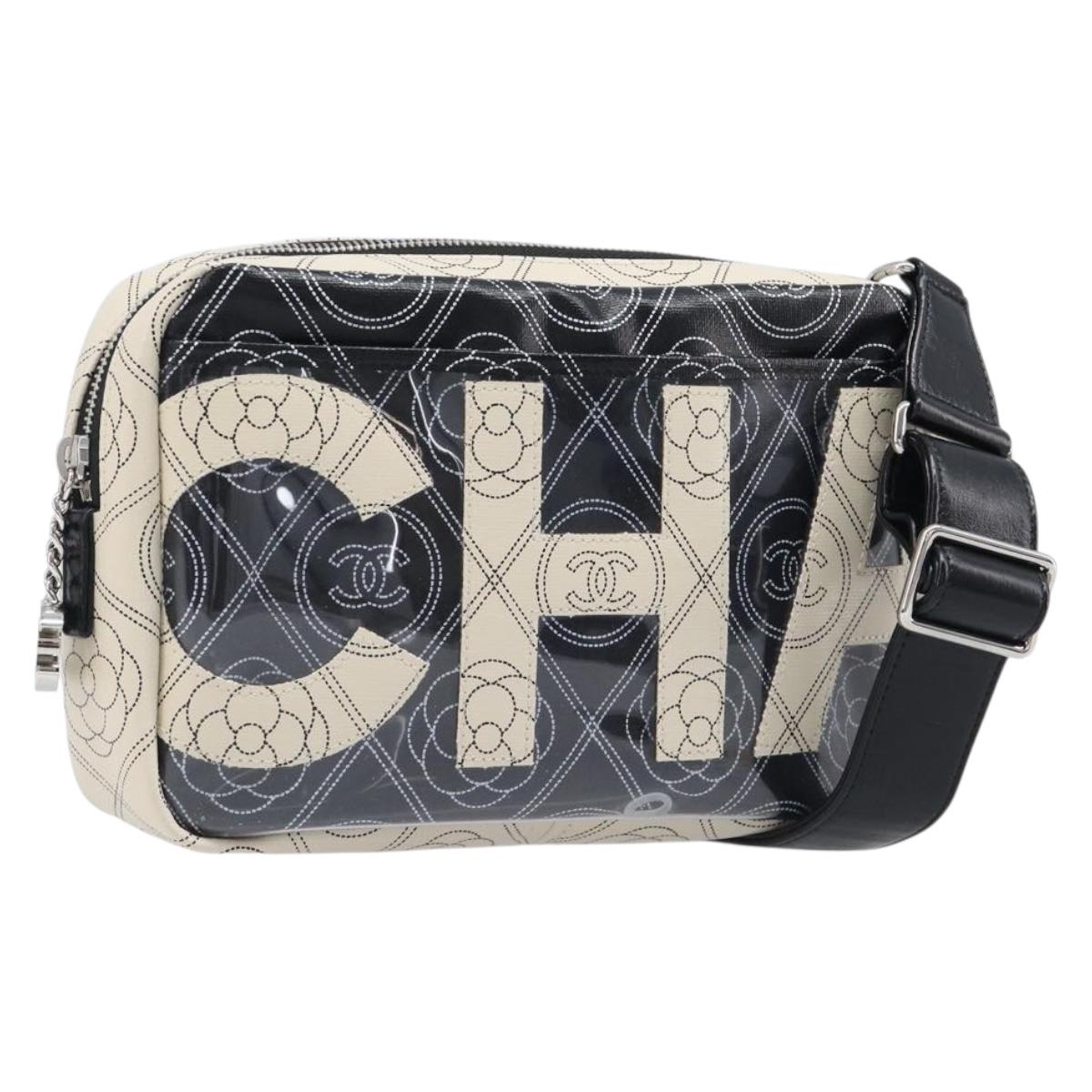 CHANEL COCO Mark Camelia Shoulder Bag PVC Leather Black White CC Auth 200139SAM