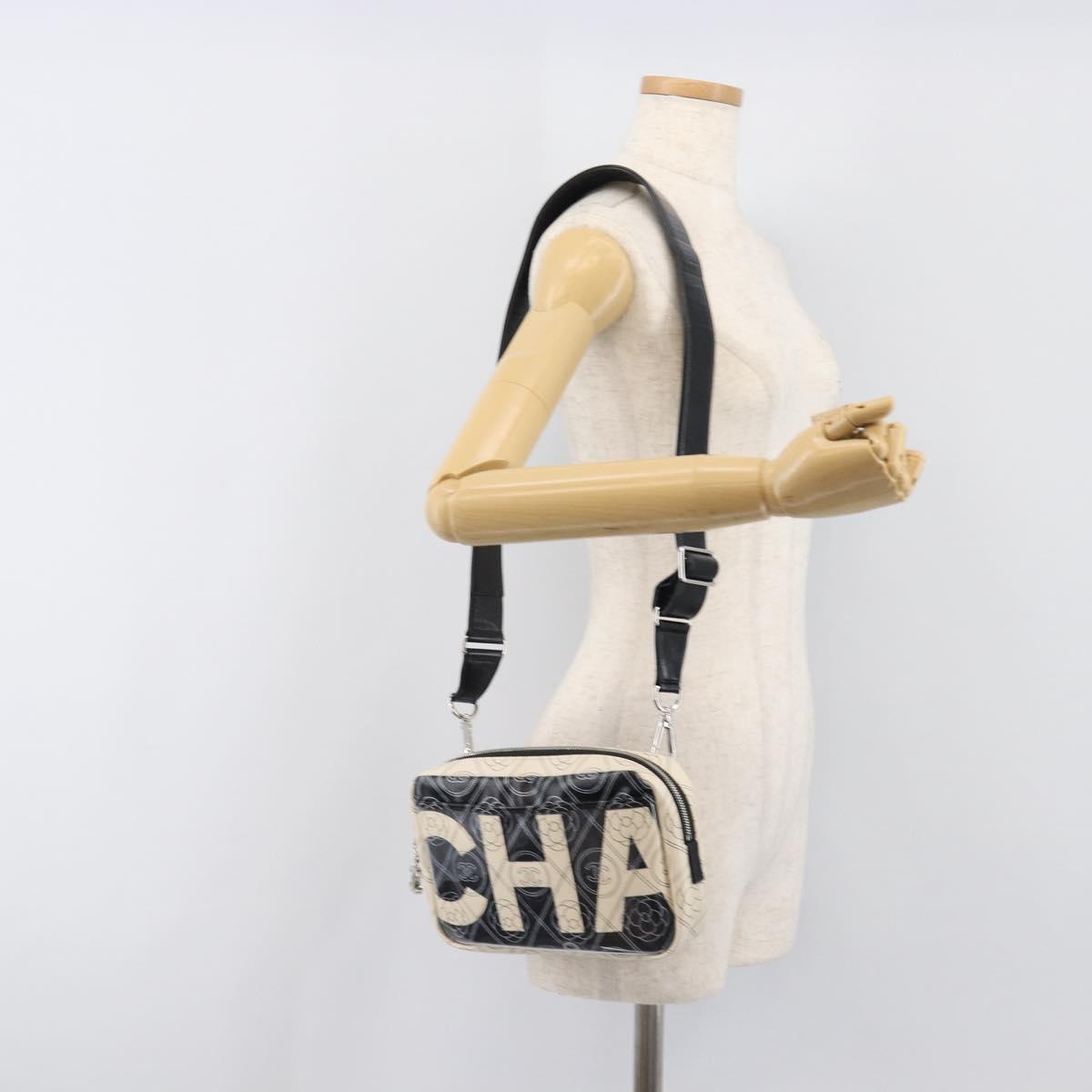 CHANEL COCO Mark Camelia Shoulder Bag PVC Leather Black White CC Auth 200139SAM