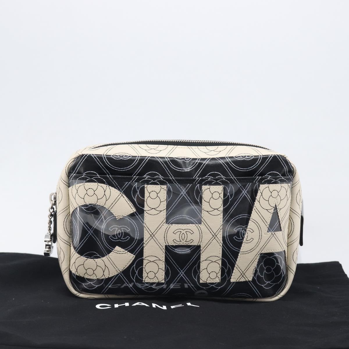 CHANEL COCO Mark Camelia Shoulder Bag PVC Leather Black White CC Auth 200139SAM
