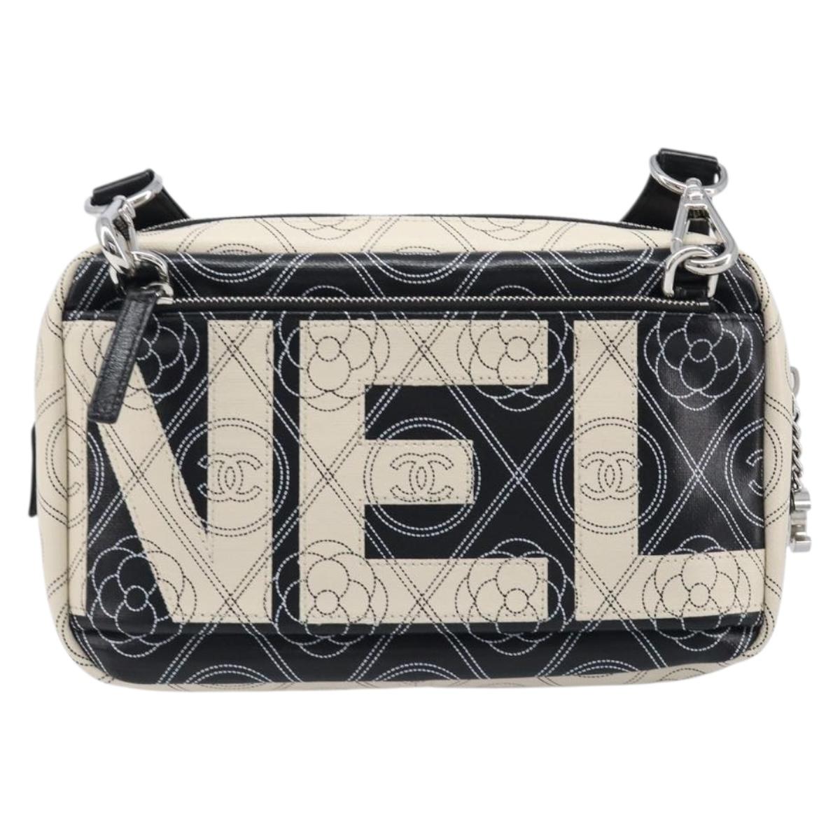 CHANEL COCO Mark Camelia Shoulder Bag PVC Leather Black White CC Auth 200139SAM