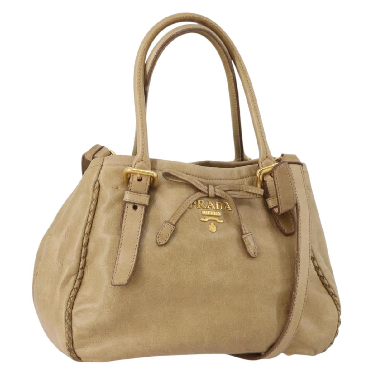 PRADA Hand Bag Leather 2way Beige Gold Tone Auth 200160