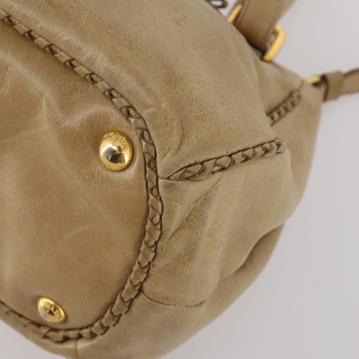 PRADA Hand Bag Leather 2way Beige Gold Tone Auth 200160