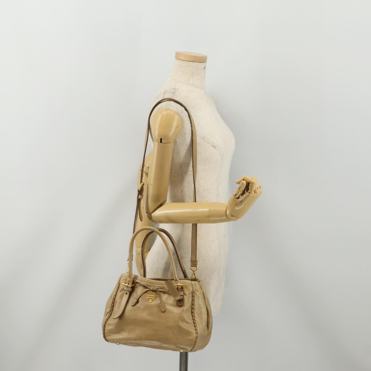 PRADA Hand Bag Leather 2way Beige Gold Tone Auth 200160