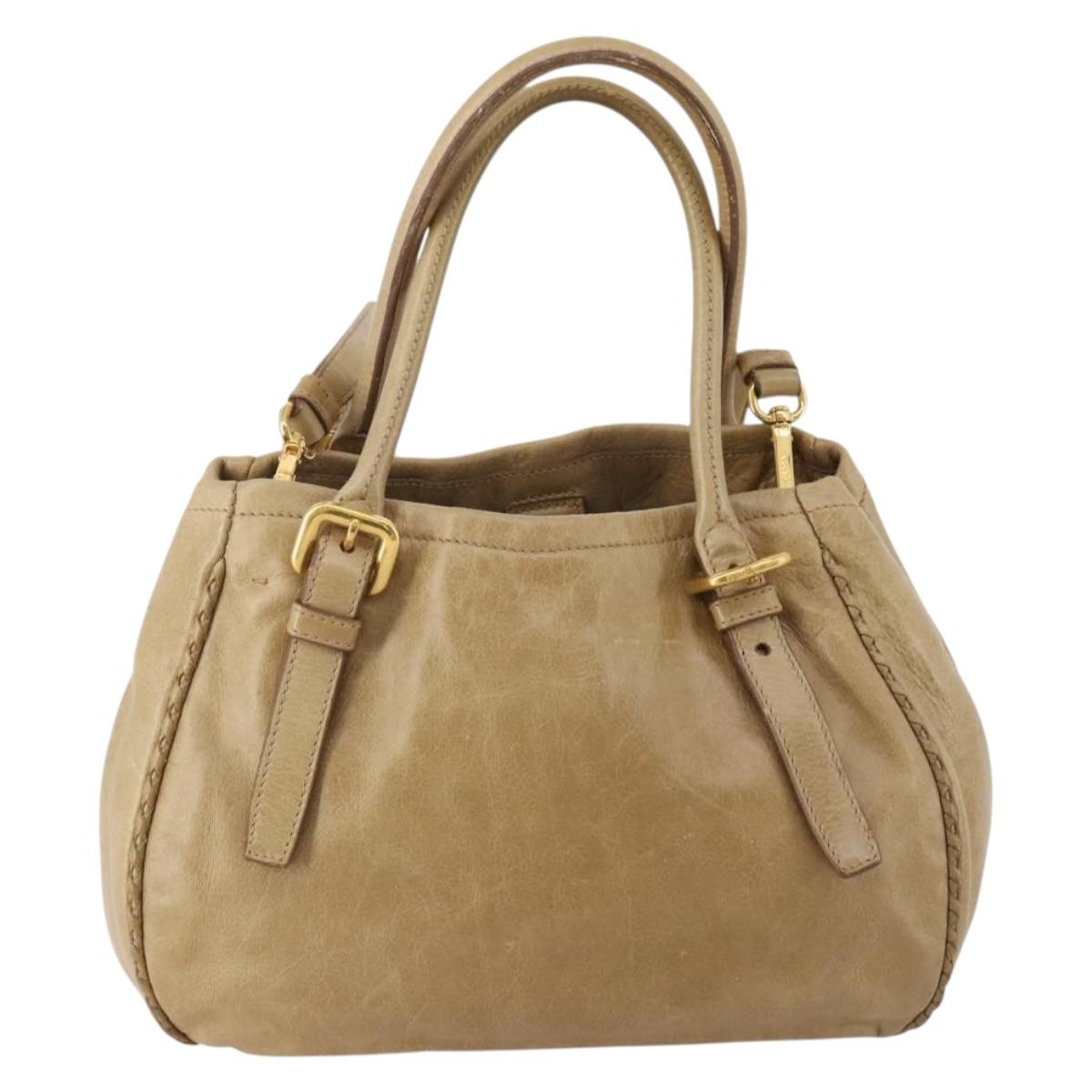 PRADA Hand Bag Leather 2way Beige Gold Tone Auth 200160