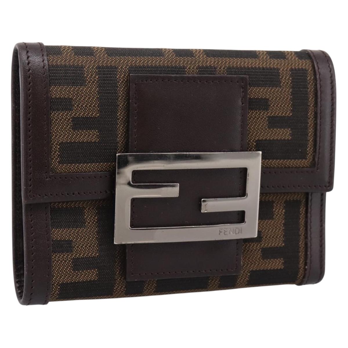 FENDI Zucca Canvas Trifold Wallet Brown Silver 8M0011 Auth 200165A