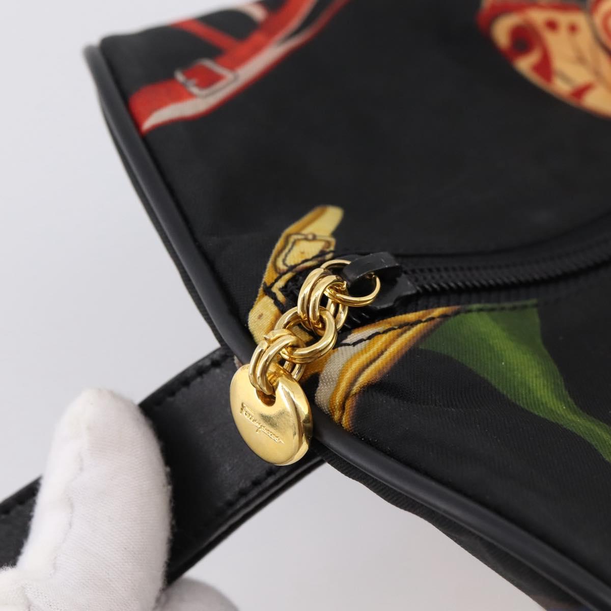 Salvatore Ferragamo Gancini Pouch Nylon Black Gold Tone Auth 200166