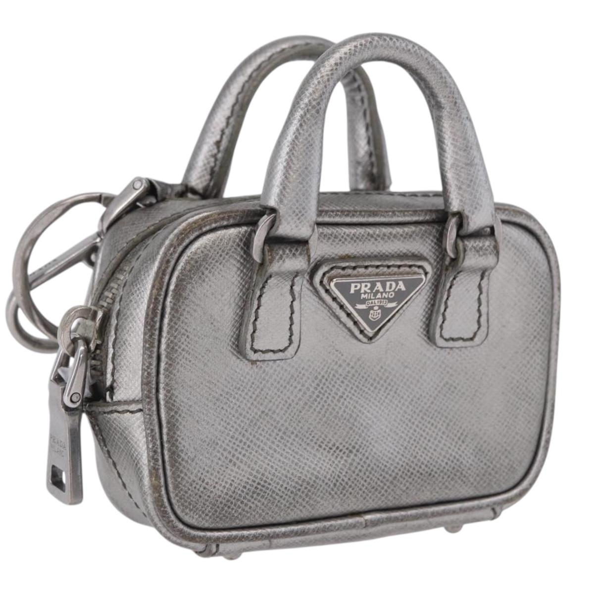 PRADA Galleria Charm Saffiano Silver Auth 200175