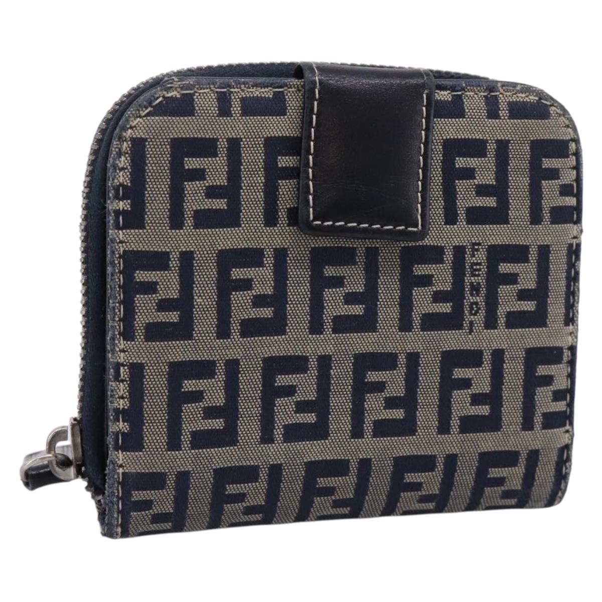 FENDI Zucchino Canvas Wallet Navy Silver Auth 200177