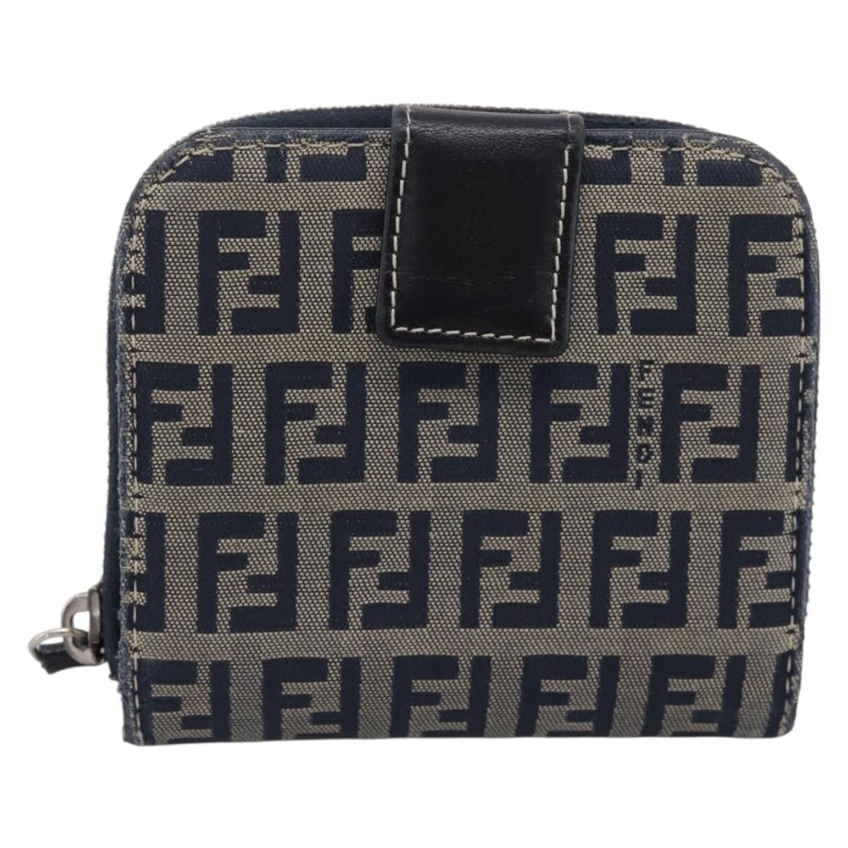 FENDI Zucchino Canvas Wallet Navy Silver Auth 200177