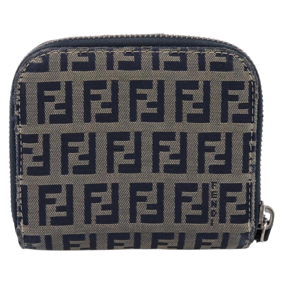 FENDI Zucchino Canvas Wallet Navy Silver Auth 200177