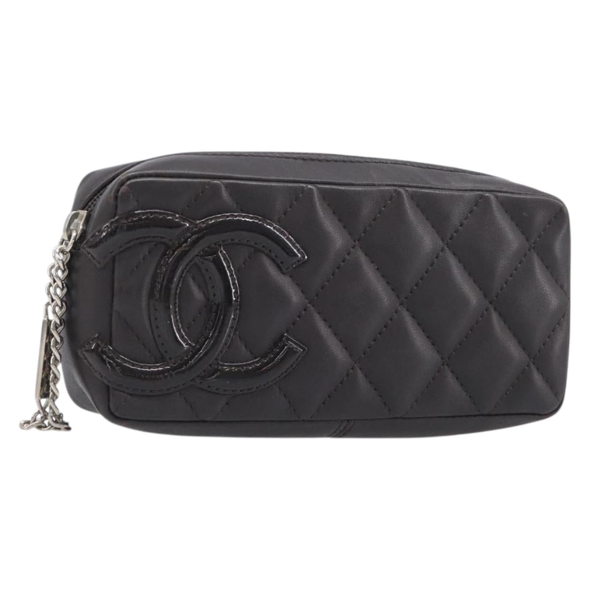 CHANEL Cambon Line Matelasse Pouch Leather Brown Silver CC Auth 200178A
