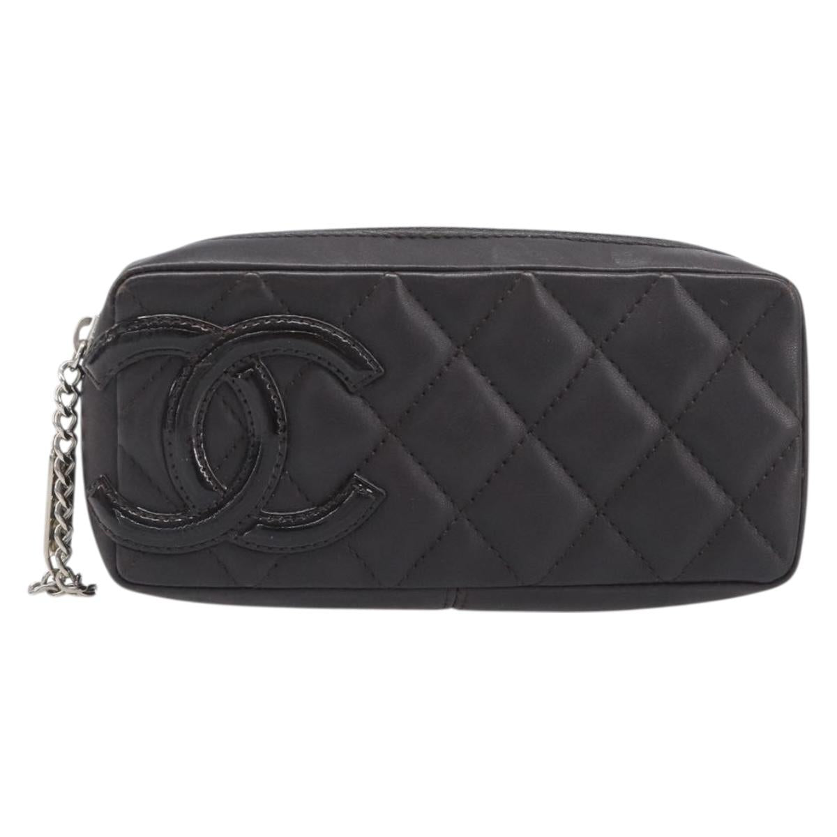 CHANEL Cambon Line Matelasse Pouch Leather Brown Silver CC Auth 200178A
