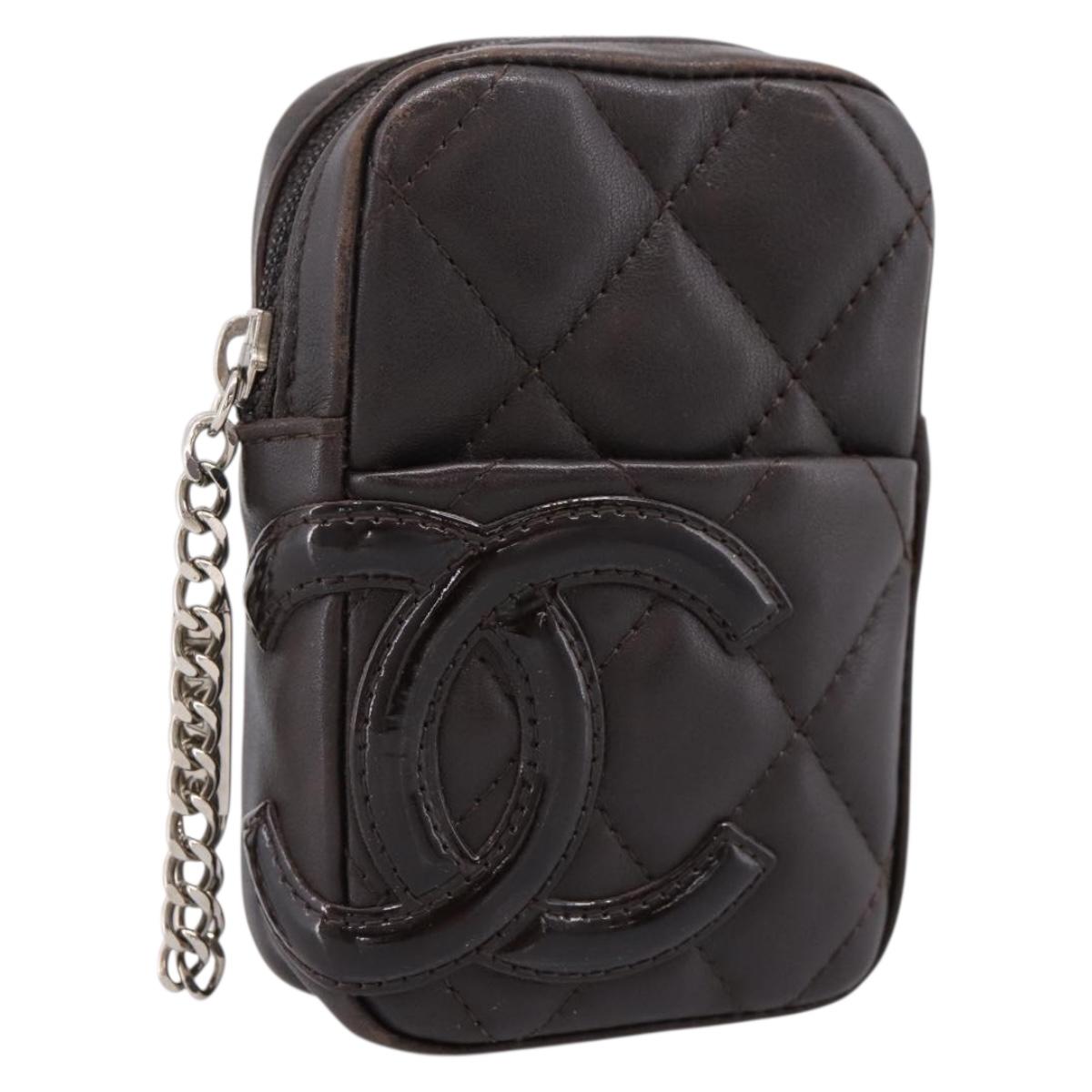 CHANEL Cambon Line Matelasse Pouch Leather Dark Brown Silver CC Auth 200180A