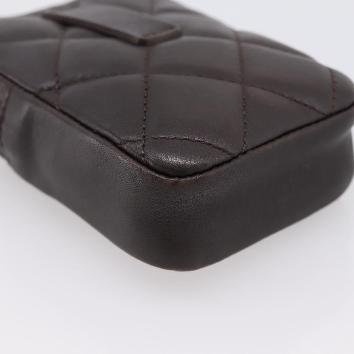 CHANEL Cambon Line Matelasse Pouch Leather Dark Brown Silver CC Auth 200180A