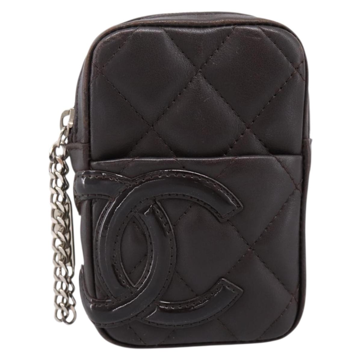 CHANEL Cambon Line Matelasse Pouch Leather Dark Brown Silver CC Auth 200180A