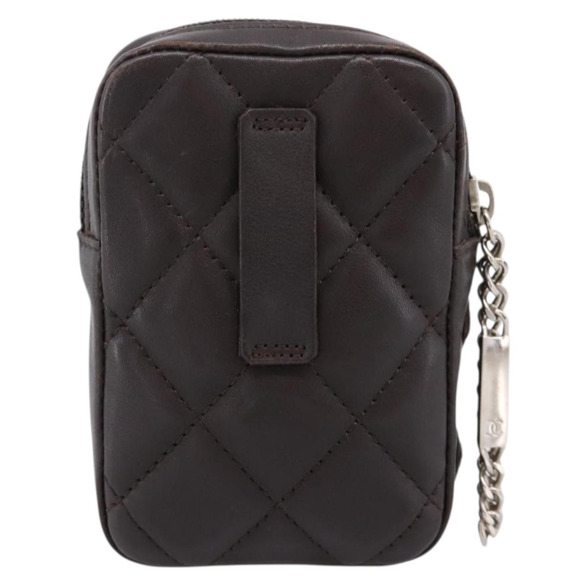 CHANEL Cambon Line Matelasse Pouch Leather Dark Brown Silver CC Auth 200180A