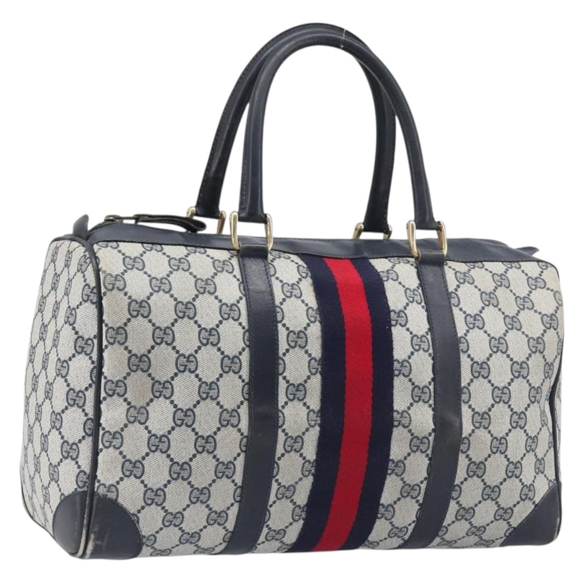 GUCCI GG Supreme Boston Bag PVC Leather Navy Gold Tone Auth 200182