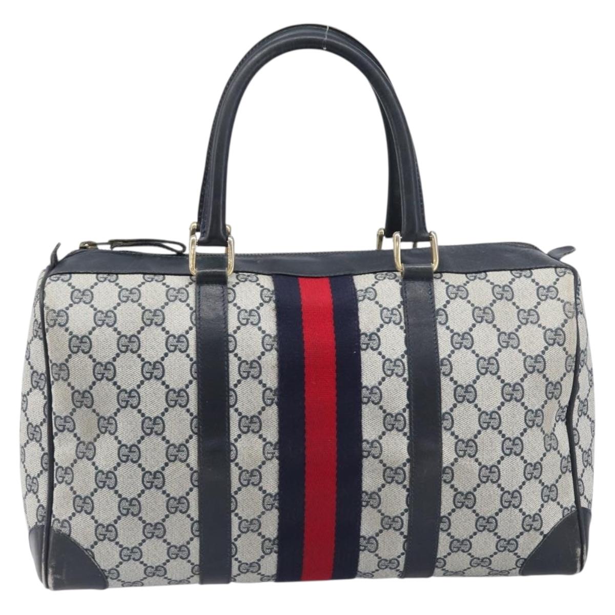 GUCCI GG Supreme Boston Bag PVC Leather Navy Gold Tone Auth 200182