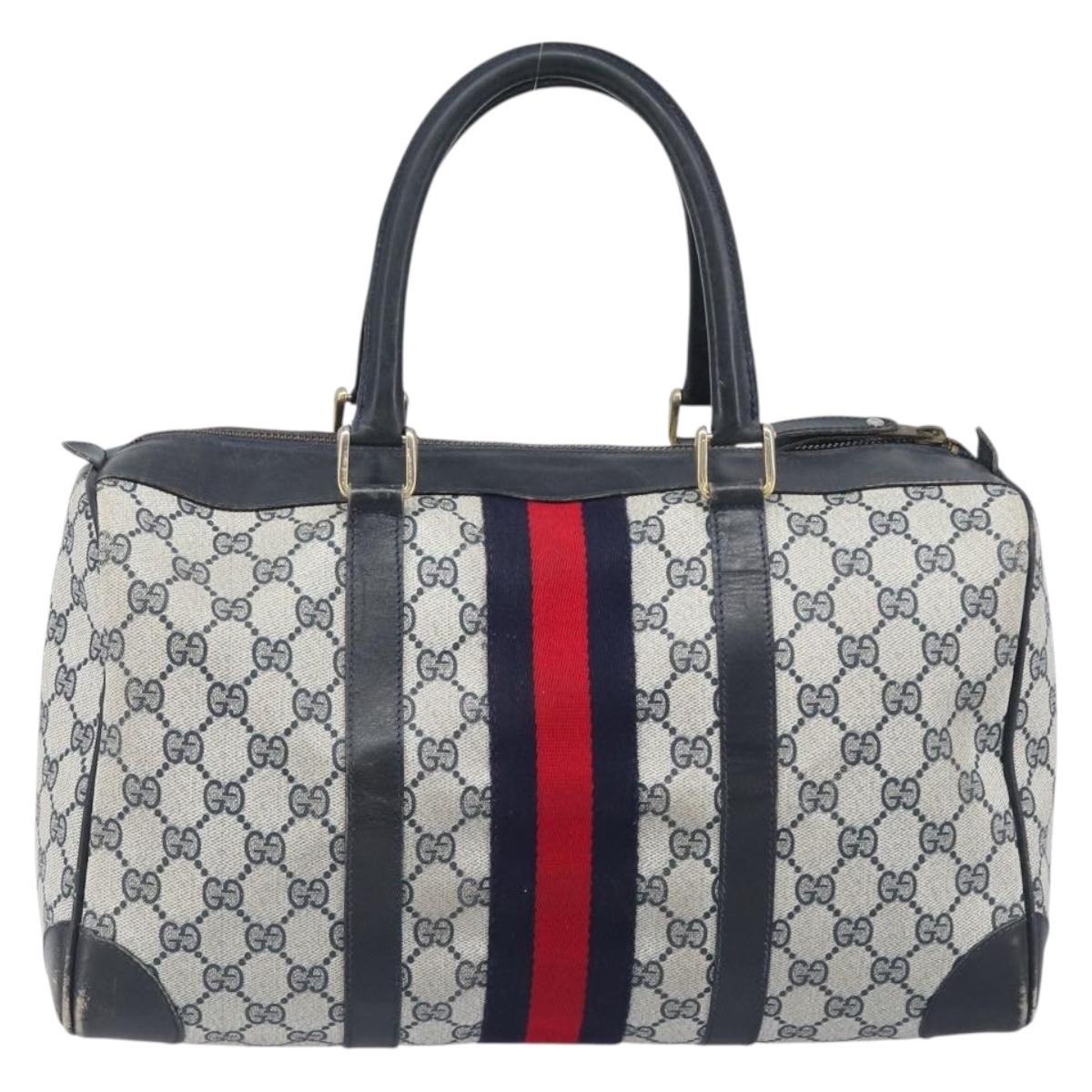 GUCCI GG Supreme Boston Bag PVC Leather Navy Gold Tone Auth 200182