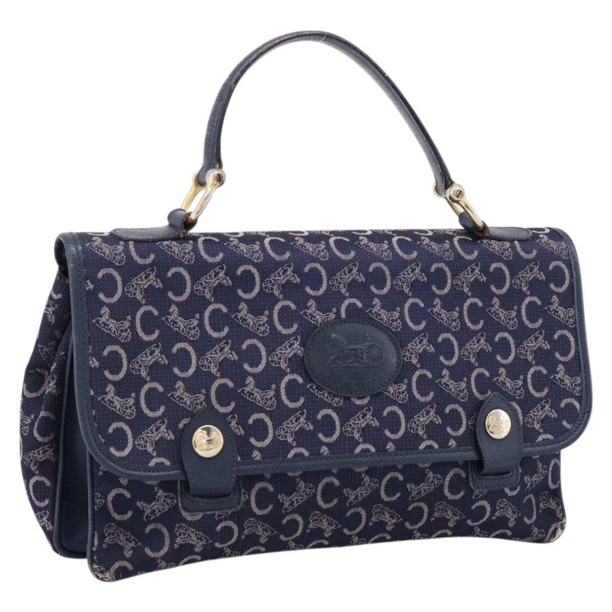 CELINE C Saluki Hand Bag Canvas Navy Gold Tone Auth 200184
