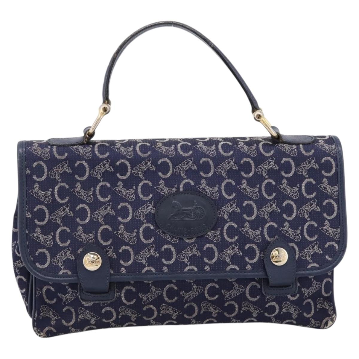 CELINE C Saluki Hand Bag Canvas Navy Gold Tone Auth 200184