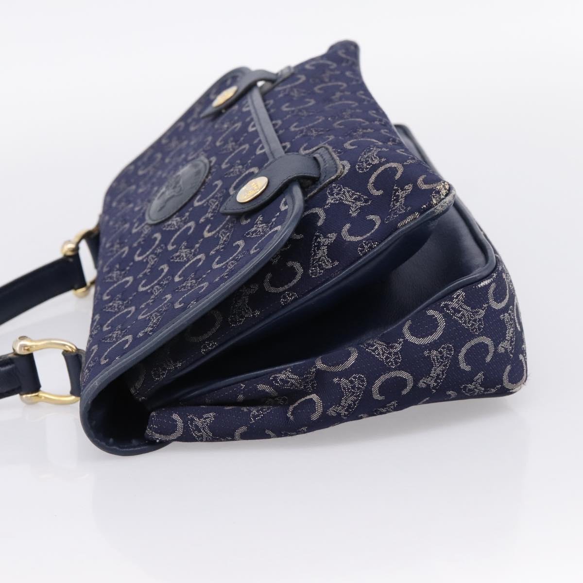 CELINE C Saluki Hand Bag Canvas Navy Gold Tone Auth 200184