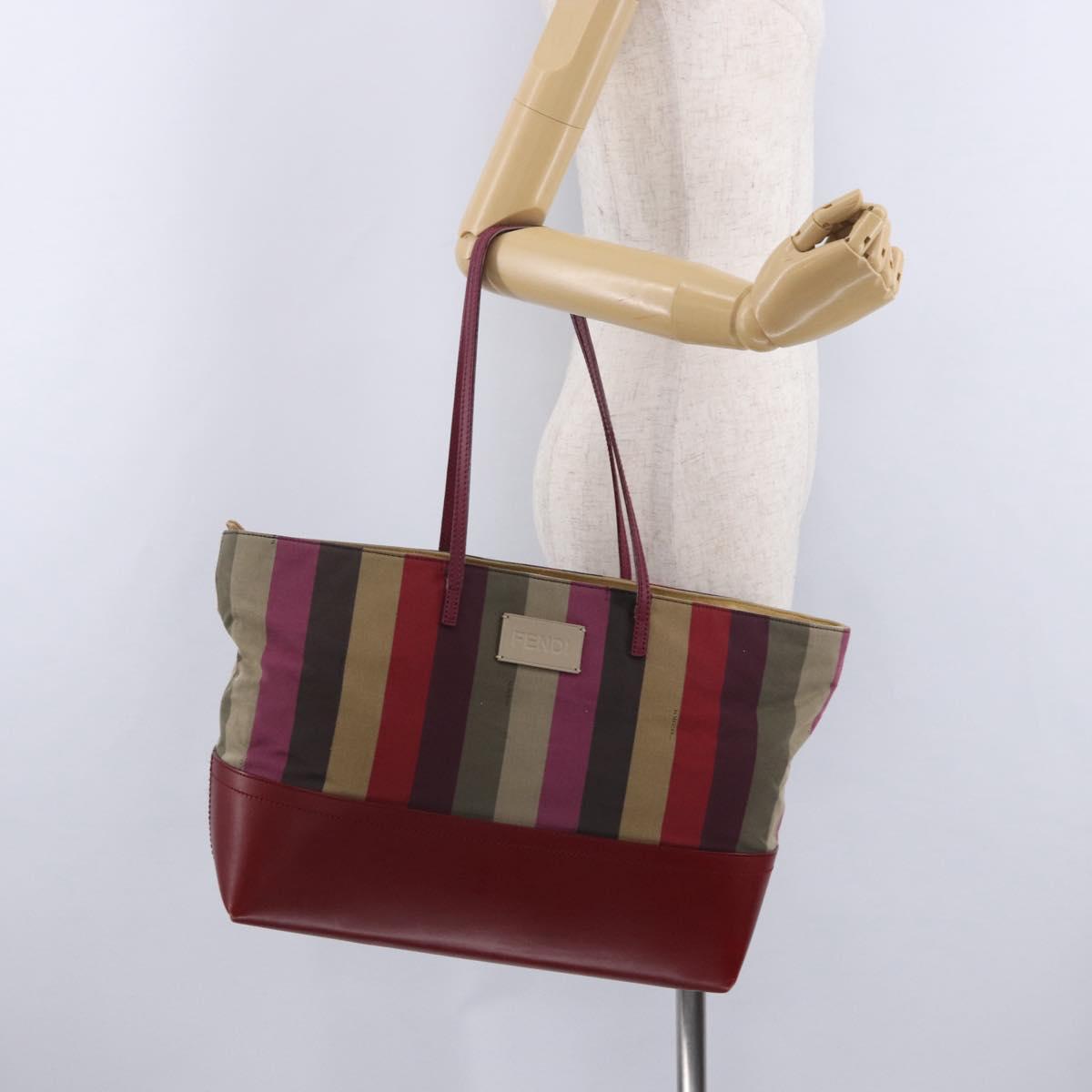 FENDI Stripe Tote Bag Nylon Red Gold Tone 8BH185 Auth 200207V