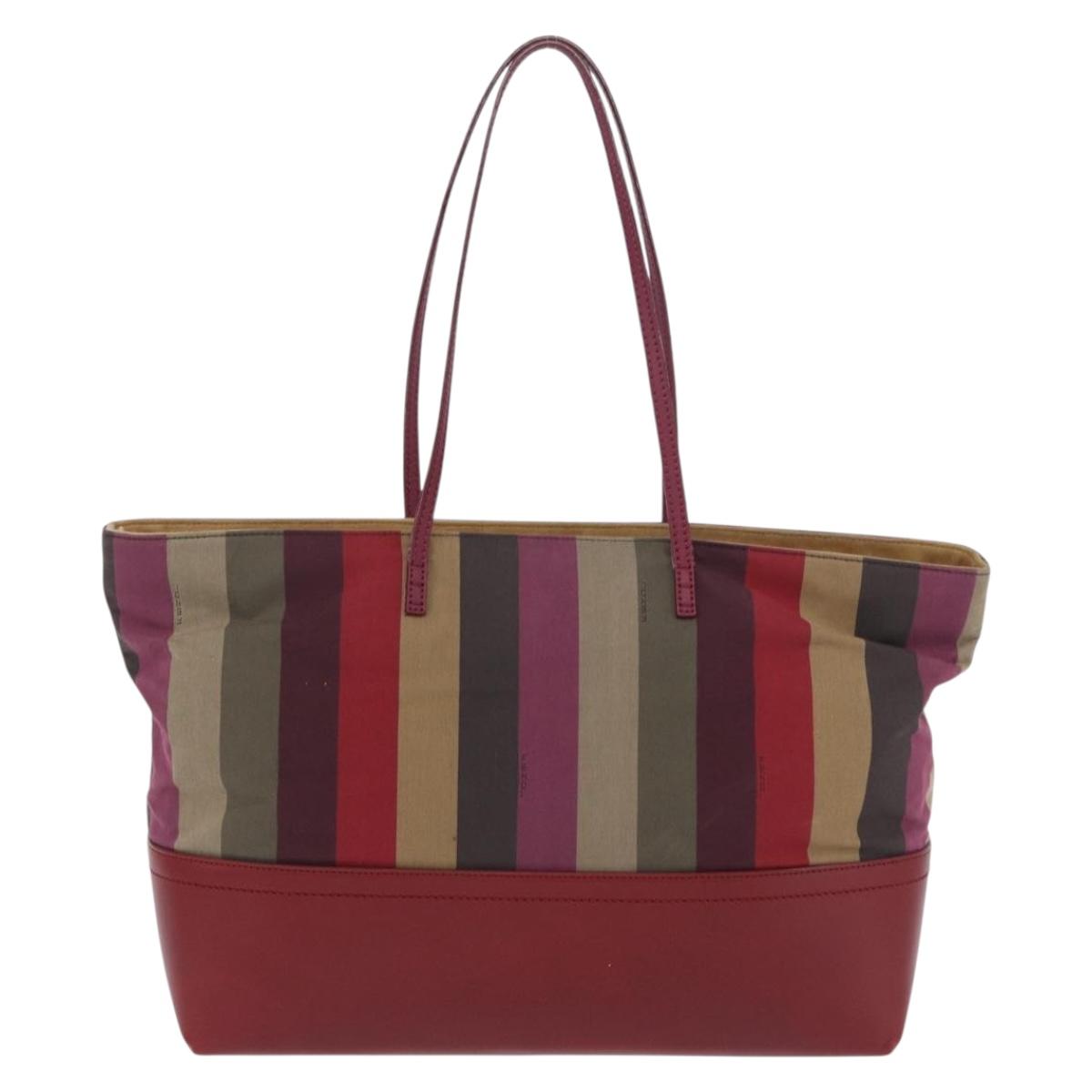FENDI Stripe Tote Bag Nylon Red Gold Tone 8BH185 Auth 200207V