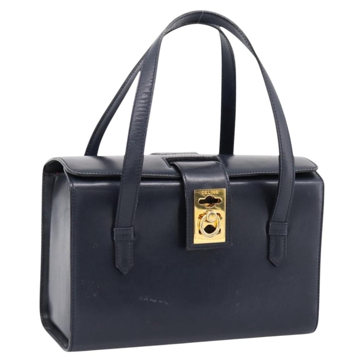 CELINE Hand Bag Leather Navy Gold Auth 200230A