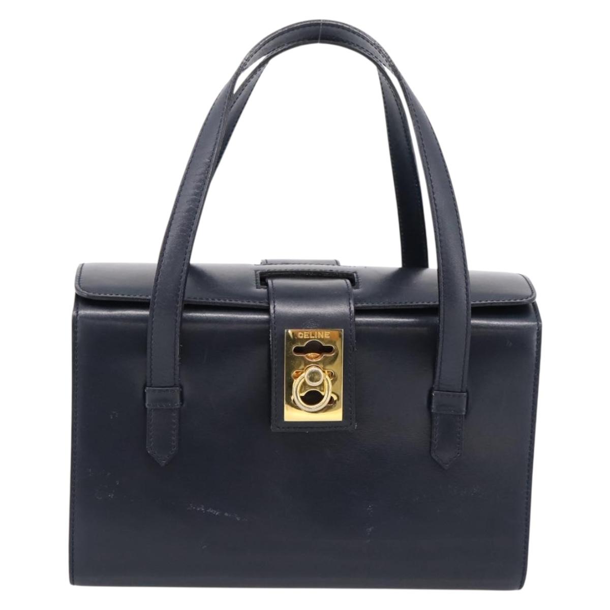 CELINE Hand Bag Leather Navy Gold Auth 200230A