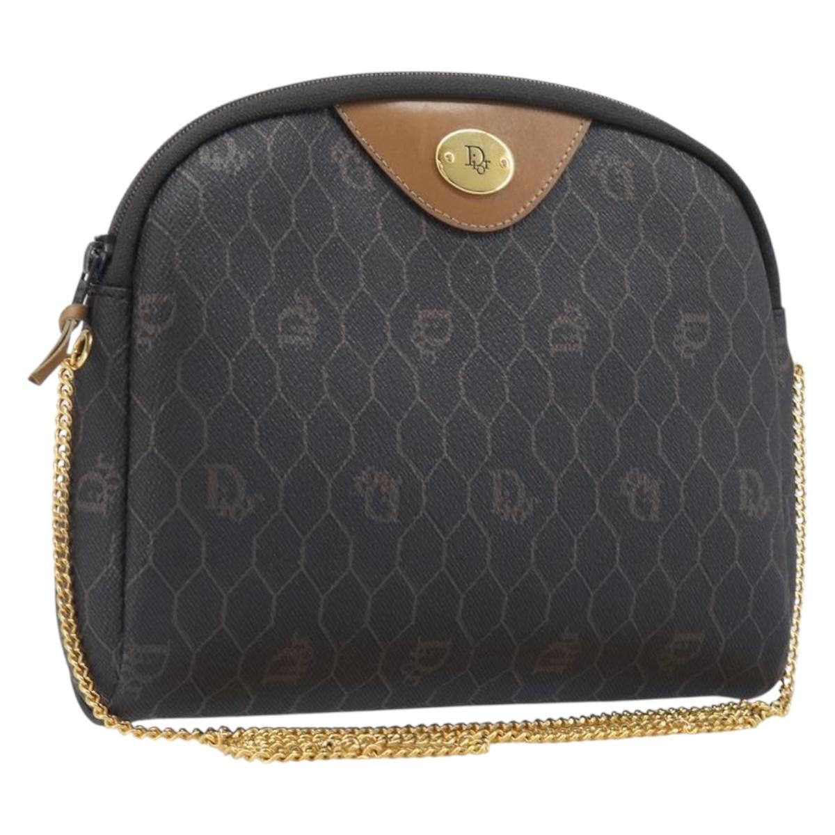 Christian Dior Honeycomb Canvas Chain Shoulder Bag PVC Black Gold Auth 200249A