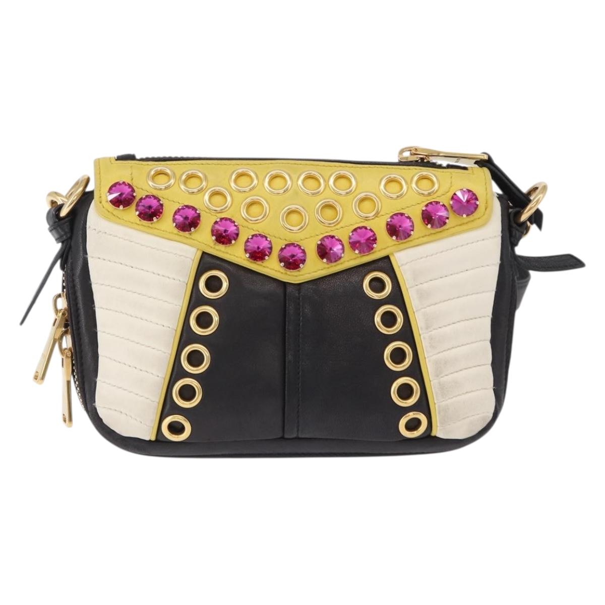 Miu Miu Biker Studs Shoulder Bag Leather Black Gold Auth 200282V