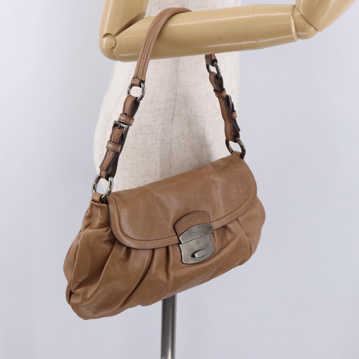 PRADA Shoulder Bag Leather Brown Silver Auth 200291V