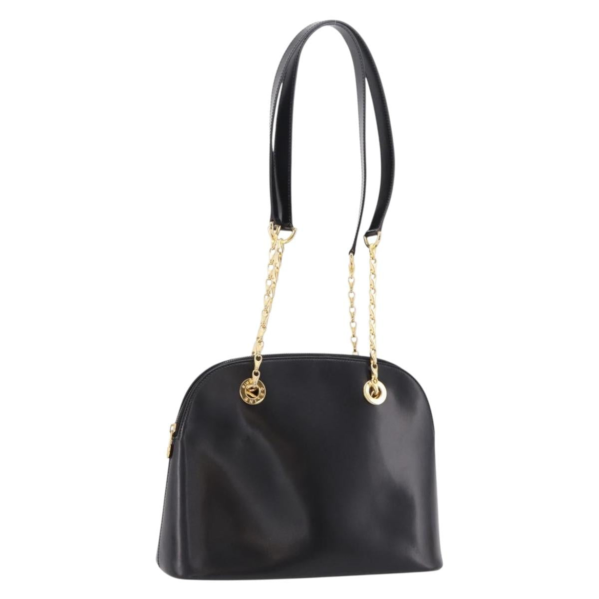 CELINE Circle Chain Shoulder Tote Bag Leather Black Gold Auth 200294V