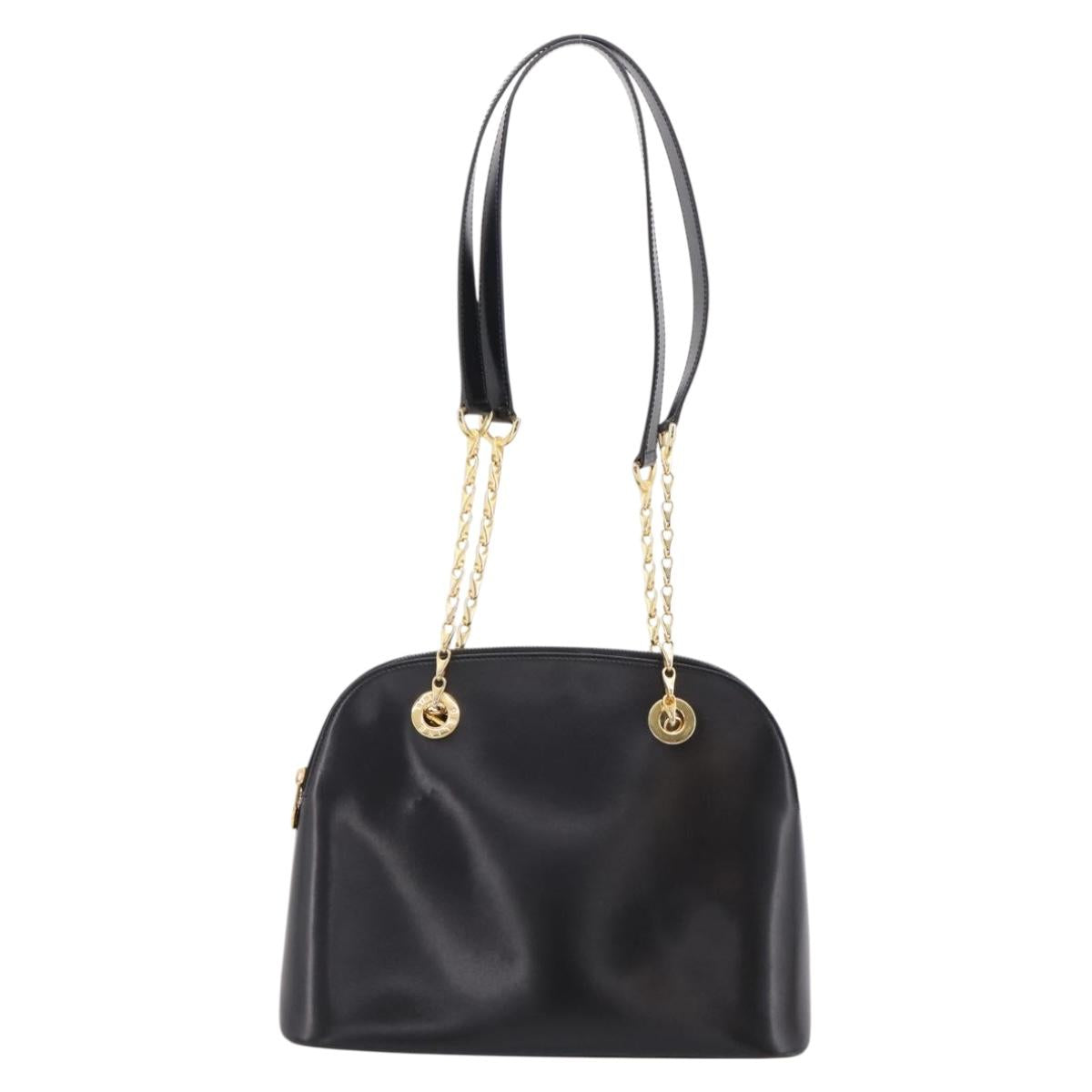 CELINE Circle Chain Shoulder Tote Bag Leather Black Gold Auth 200294V