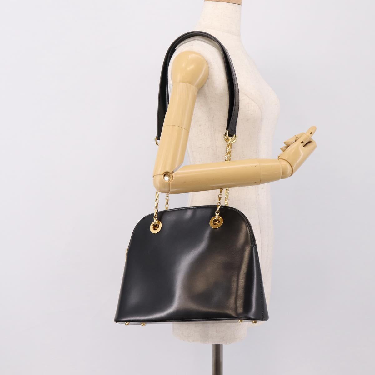 CELINE Circle Chain Shoulder Tote Bag Leather Black Gold Auth 200294V