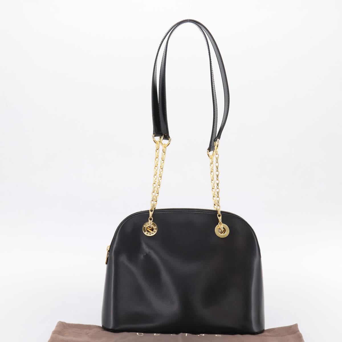 CELINE Circle Chain Shoulder Tote Bag Leather Black Gold Auth 200294V