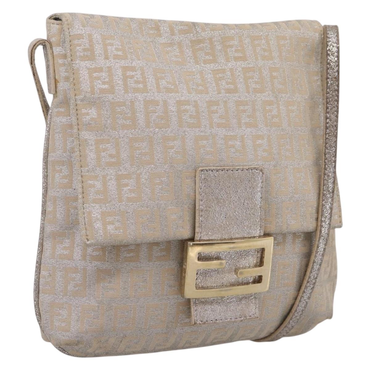 FENDI Zucchino Canvas Mamma Baguette Shoulder Bag Beige Gold Auth 200297