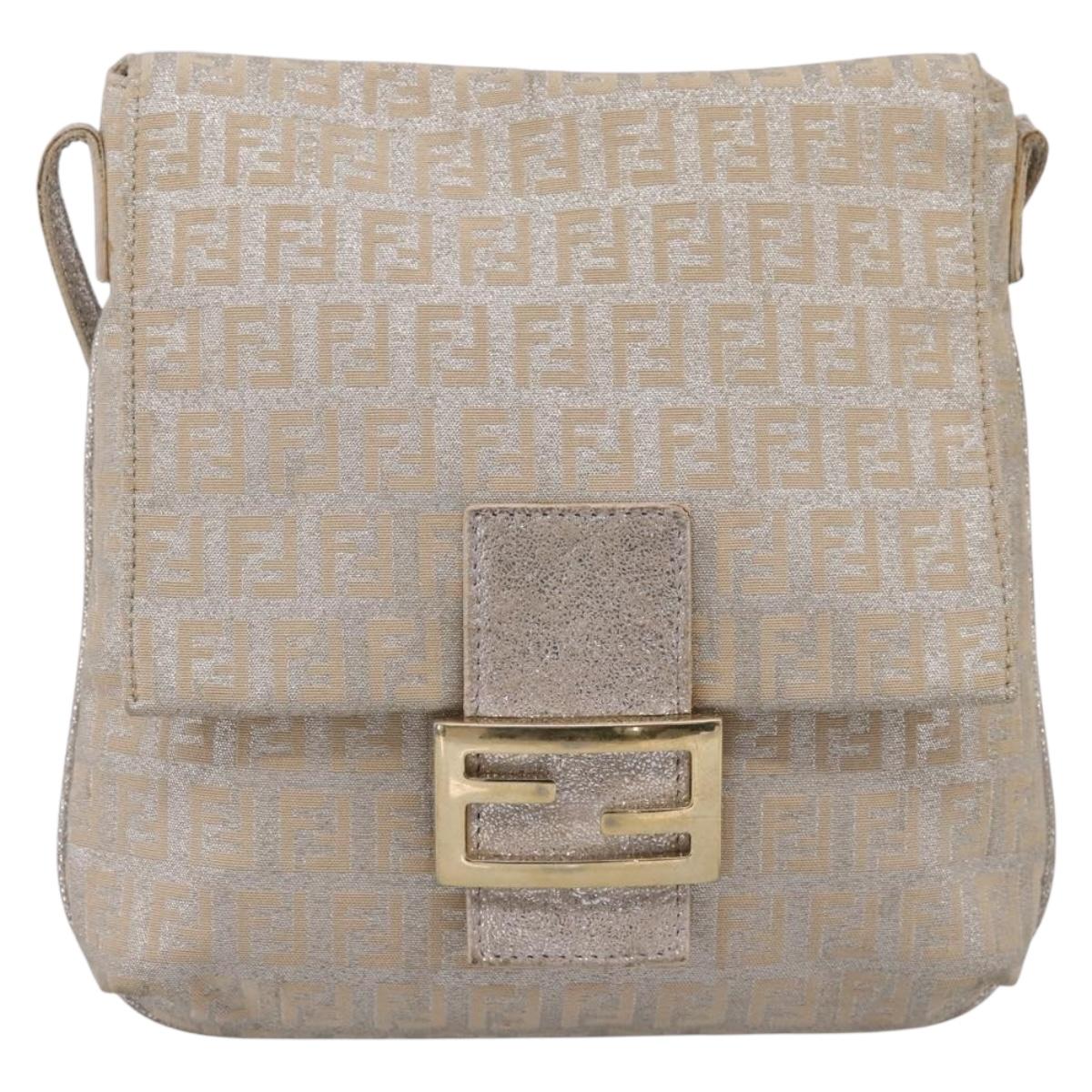 FENDI Zucchino Canvas Mamma Baguette Shoulder Bag Beige Gold Auth 200297