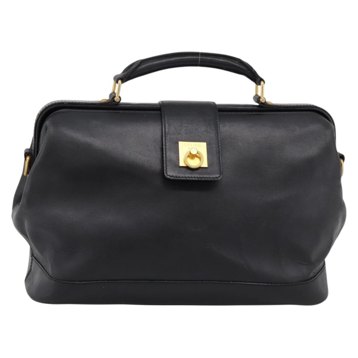 CELINE Hand Bag Leather Black Gold Tone Auth 200334