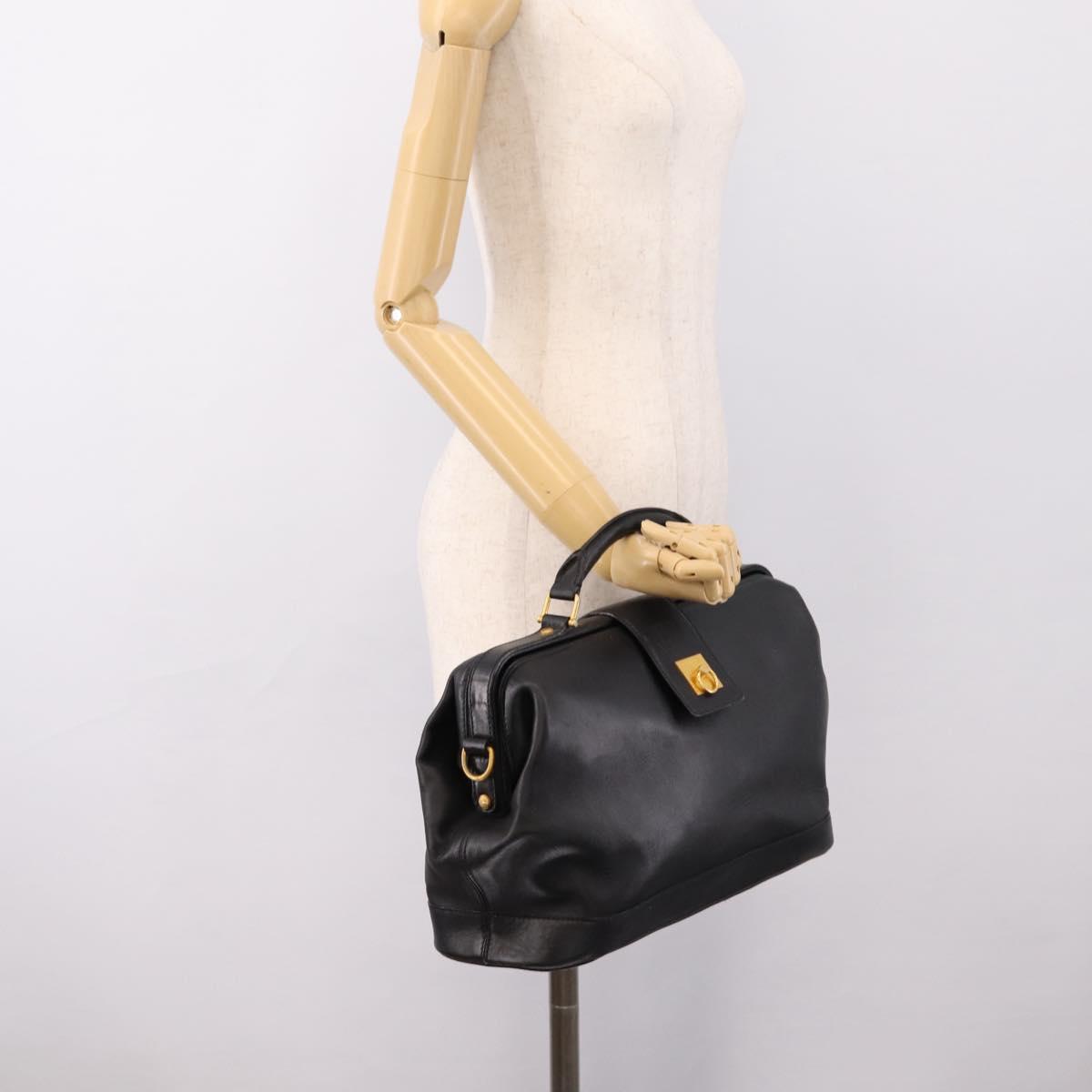 CELINE Hand Bag Leather Black Gold Tone Auth 200334