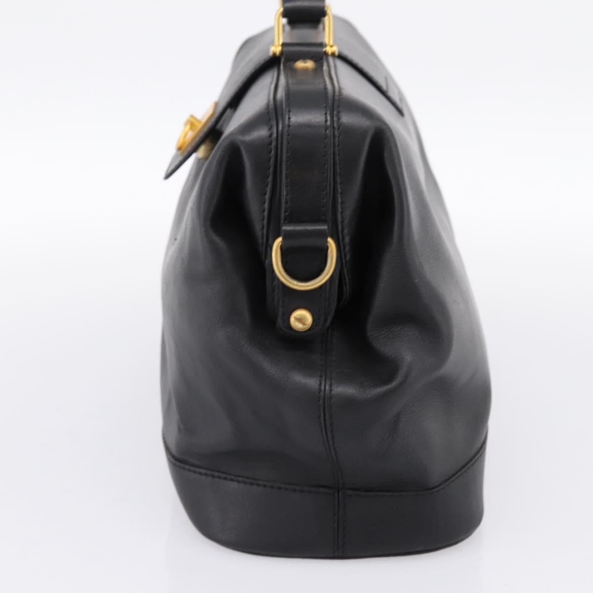 CELINE Hand Bag Leather Black Gold Tone Auth 200334