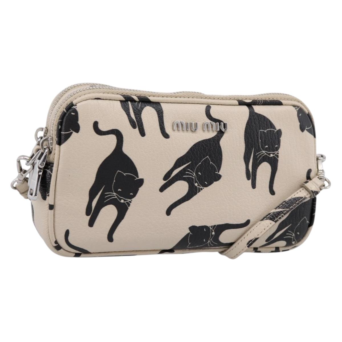 Miu Miu Shoulder Bag Leather Beige Silver Auth 200344M