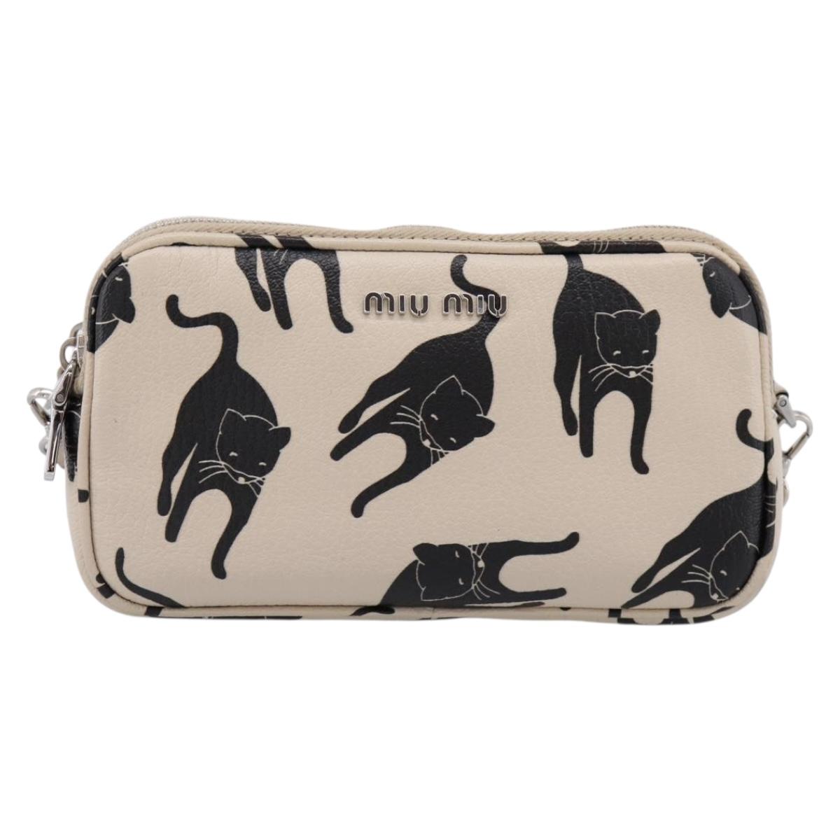 Miu Miu Shoulder Bag Leather Beige Silver Auth 200344M