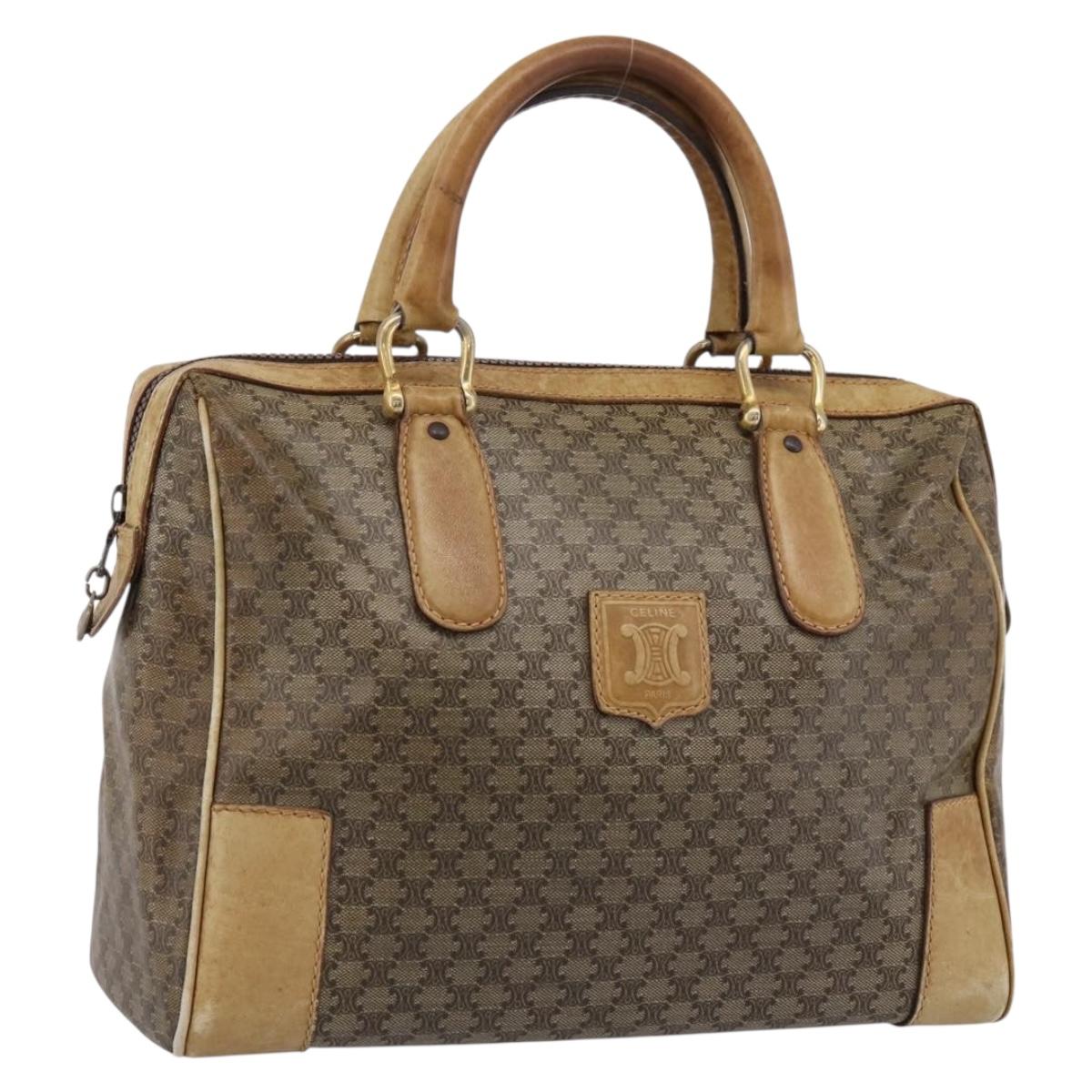 CELINE Macadam Hand Bag PVC Leather Beige Gold Tone Auth 200348