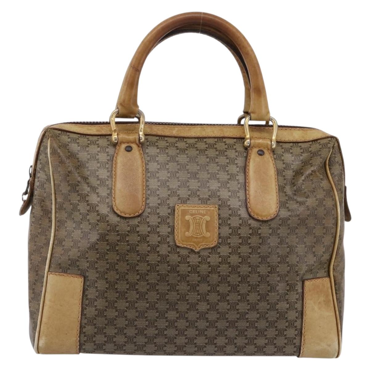 CELINE Macadam Hand Bag PVC Leather Beige Gold Tone Auth 200348